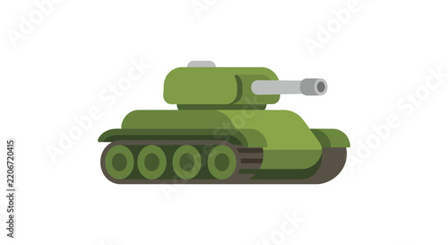 Olive green tank illustration with a turret and caterpillar tracks on white