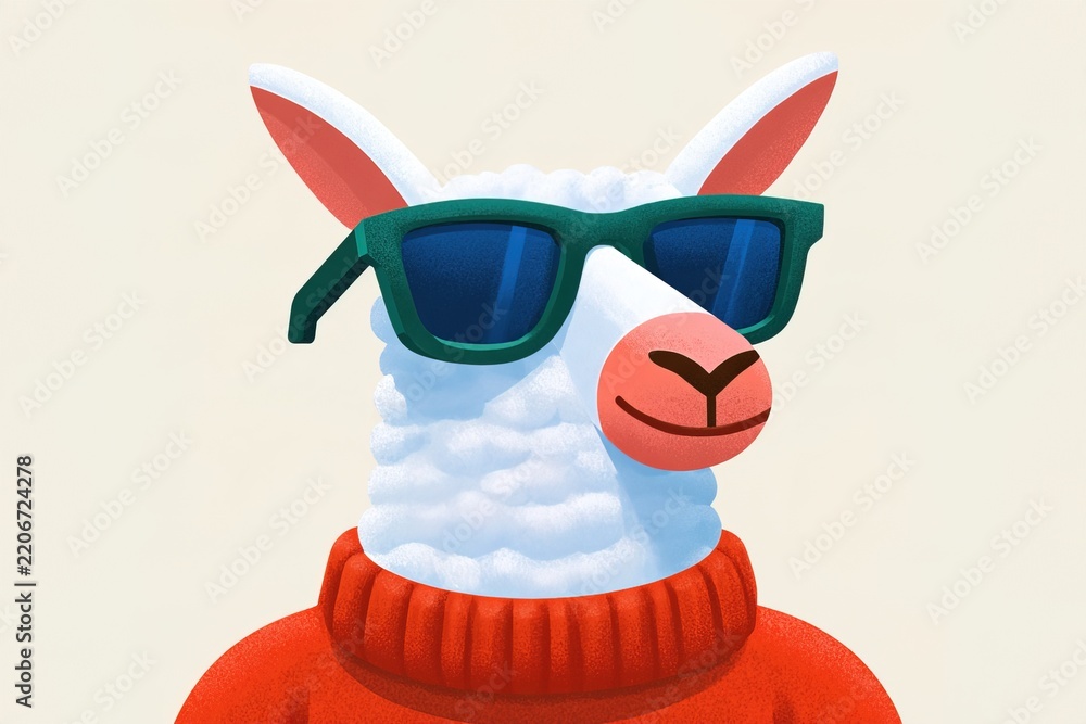 Obraz premium Llama wearing sunglasses and sweater enjoys a sunny day