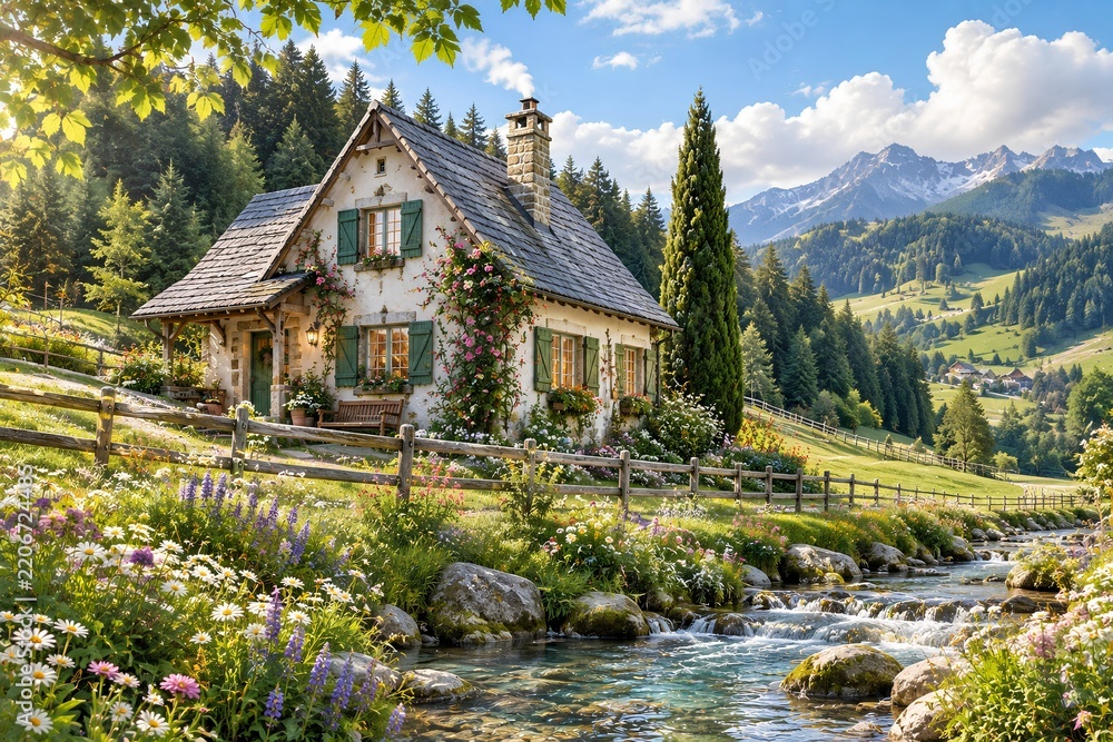 Fototapeta premium Cozy Alpine Cottage with Garden and Stream in Mountain Landscape 