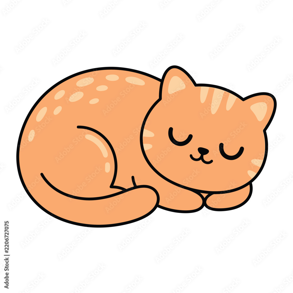 Fototapeta premium Cute cartoon orange tabby cat sleeping curled up with closed eyes, kawaii vector illustration