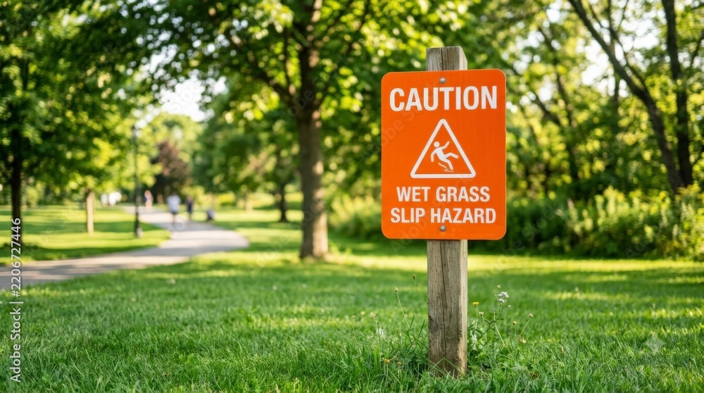 Obraz premium A close up view of an orange caution sign warning about a wet grass slip hazard in a park highlights a minor disaster risk for visitors enjoying the green surroundings in summer