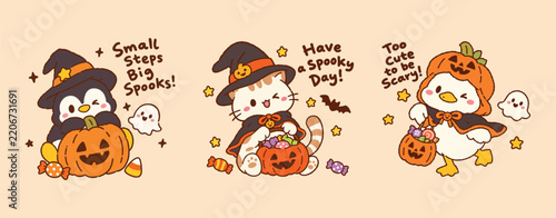 Cute Kawaii Halloween Cartoon Characters Set with Penguin, Cat and Duck