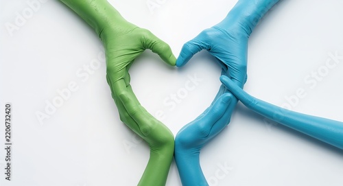 A heart-shaped image created with green and blue hands symbolizes people helping each other, highlighted in a tender setting that permits spacious copy area for messages