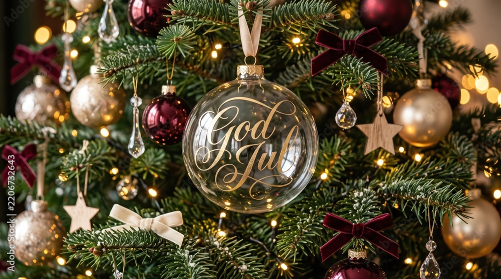Obraz premium Ultra-realistic luxury Scandinavian Christmas tree featuring a transparent glass ornament with exquisite champagne-gold “God Jul” lettering surrounded by designer decorations and warm bokeh