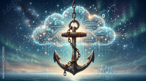 Rusted Anchor with Digital Cloud Concept for Secure Data and Cloud Computing Reliability over Starry Night Sky