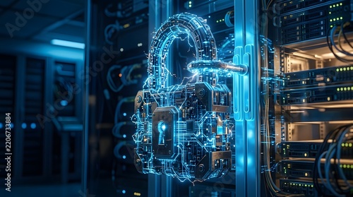 Cyber Security Digital Padlock Protecting Data in a Modern Server Room