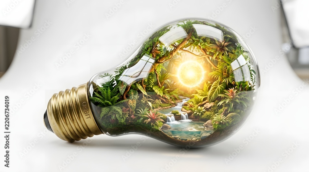 Fototapeta premium Miniature Tropical Jungle Ecosystem Inside a Glass Light Bulb - Green Energy Concept