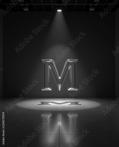 Glass Letter M Floating Light Reflection Modern Minimalist Design Background