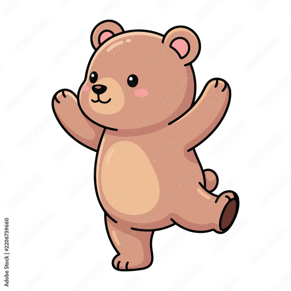 Obraz premium Cute cartoon brown bear dancing with raised arms and one leg lifted, kawaii vector illustration
