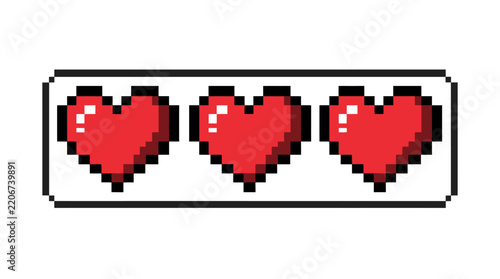 Three pixelated red hearts representing a video game health bar on a white background, evoking retro gaming aesthetics.