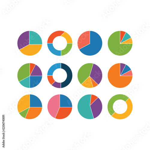 Bright and varied pie chart illustrations in different color schemes and styles, ideal for data visualization and infographics