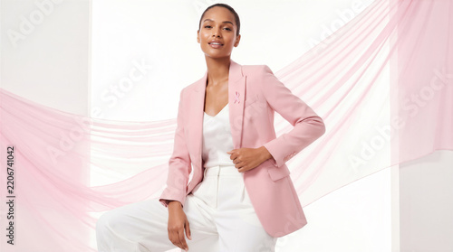 Confident Black adult woman wearing pink blazer with awareness ribbon indoors, concept of breast cancer awareness, support, and hope.