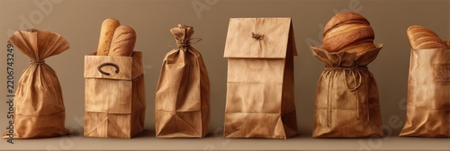 A variety of bread in paper bags on a wooden shelf.