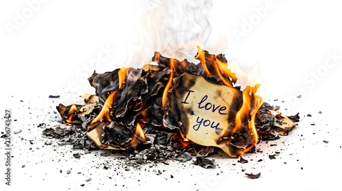 Burned Paper Notes with Flames and Ash Including I Love You Message Isolated on White Background