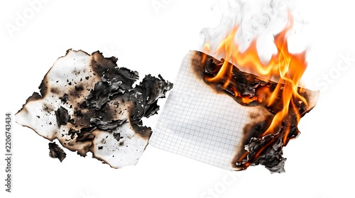 Burnt White Paper and Burning Grid Sheet with Fire Flames Isolated on White Background