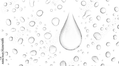 Irregular Water Drops with One Large Teardrop and Scattered Beads Isolated on White Background
