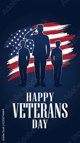 Veterans Day silhouettes of soldiers saluting with American flag background