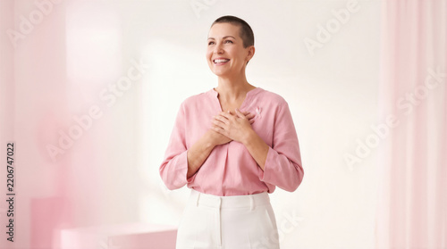 Smiling Caucasian adult woman with short shaved hair holding hands on chest, concept of cancer survivor gratitude and hope