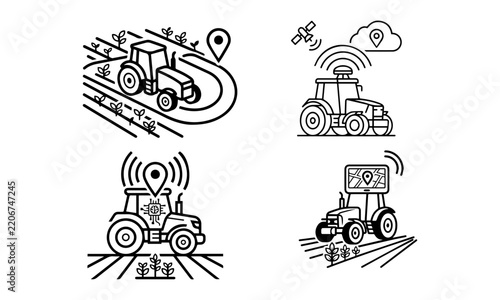 GPS Smart Tractor Icons Set