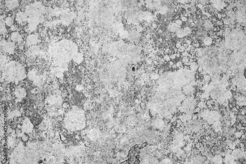 Monochrome weather-beaten concrete surface texture with lichen growth and rustic mottling