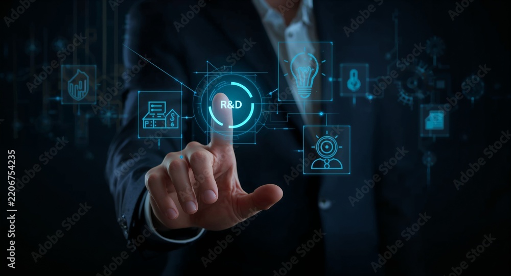 Obraz premium Hand interacting with holographic research and development device with innovation technological advancement icons representing R and D and business solutions in empty space