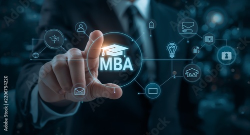 Hand typing on holographic MBA education device showing graduation cap target light bulb teamwork books icons in empty space, Hand types on holographic MBA education device displaying graduation cap