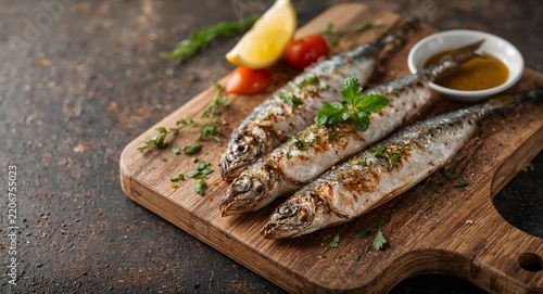 Grilled sardines served with lemon olive oil on rustic board illustrating Mediterranean appetizer and delicious seafood presentation perfect for food marketing