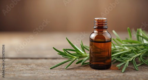 Aromatherapy essential oil bottle fresh rosemary sprigs capturing soothing herbal essence relaxing spalike environment wellness concept, Essential oil bottle flanked by rosemary sprigs exuding