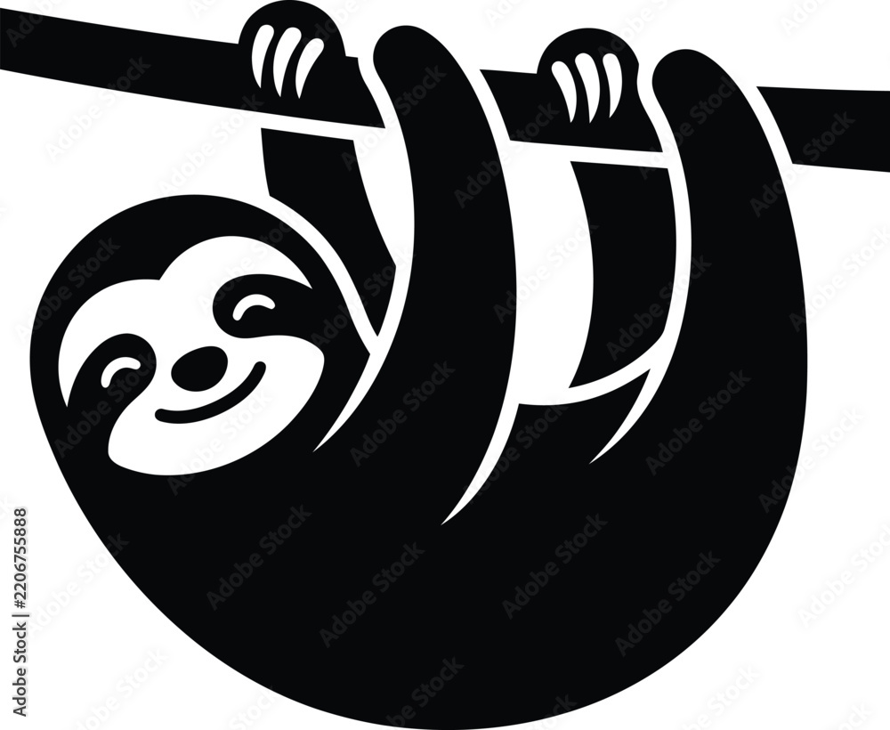 Obraz premium A cute black silhouette of a happy sloth hanging from a tree branch
