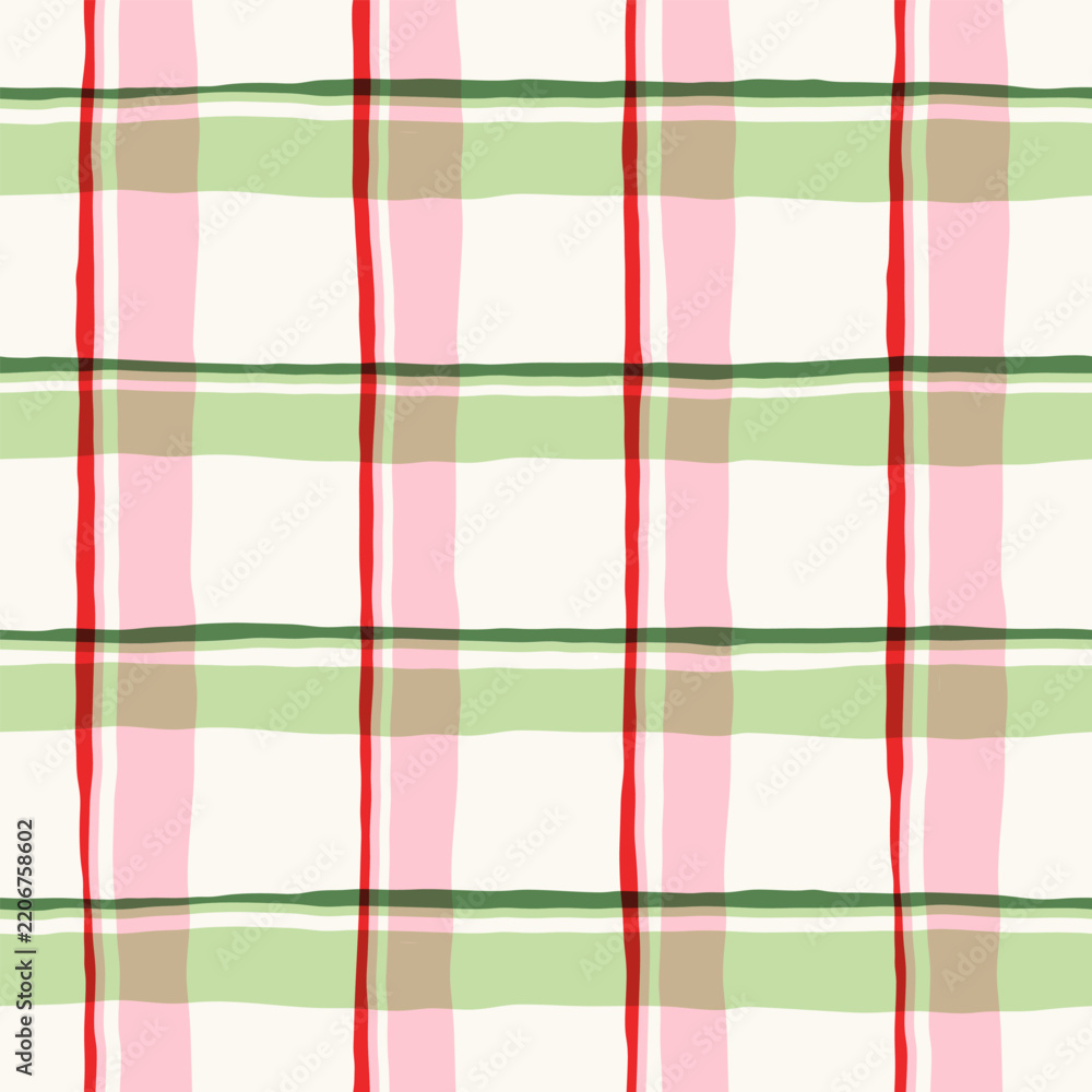 Obraz premium Hand drawn plaid pattern, cute red, green, pink lines, checkered print for party wrapping paper, textile, fabric, Christmas holiday decor 