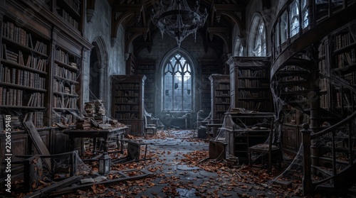 Abandoned Gothic library filled with antique books, broken furniture and cobwebs beneath a pale arched window
