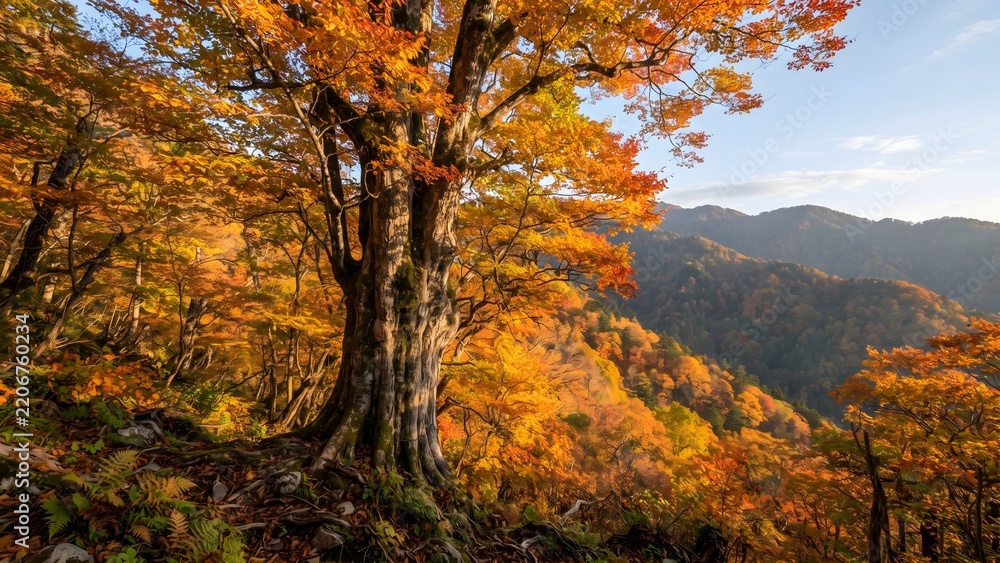 Fototapeta premium Large tree with vibrant autumn foliage overlooking a mountain valley