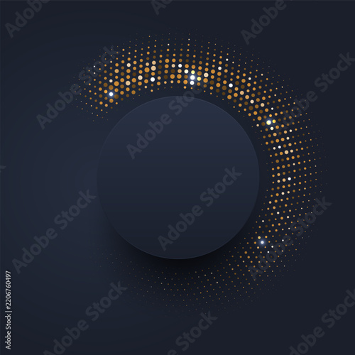 Luxury dark background with golden halftone dotted circle frame. Premium abstract elegant glowing 3D blank template with copy space vector illustration.