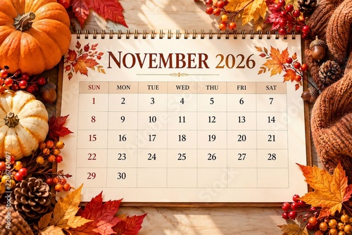 A calendar for November 2026 surrounded by autumn decorations, including pumpkins, fall leaves, pinecones, and berries.