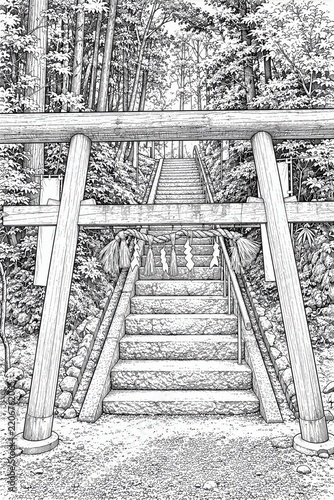 Japanese Torii Gate Line Art with Stone Steps at Aekuni Shrine