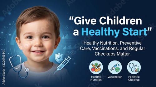 Toddler smiling brightly alongside medical campaign text and health icons
