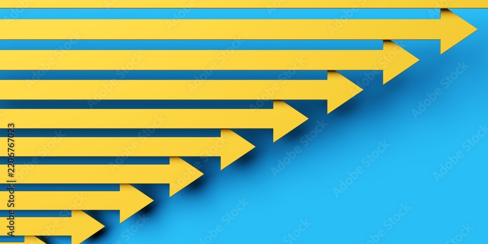 Obraz premium Vertical yellow arrows forming rising bar graph on blue background from above, finance business stock growth diagram concept template