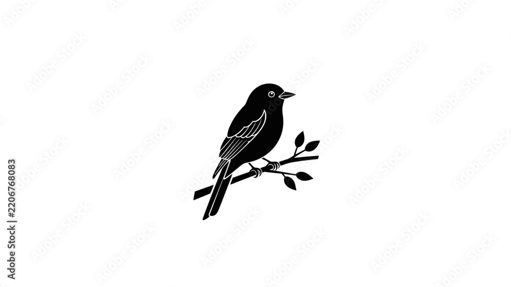 Obraz premium A black silhouette vector illustration of a bird perched on a leafy branch, isolated on a white background.