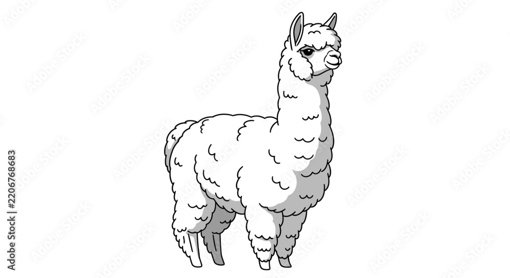 Fototapeta premium Cute white fluffy alpaca or llama vector illustration, standing and isolated on a white background.