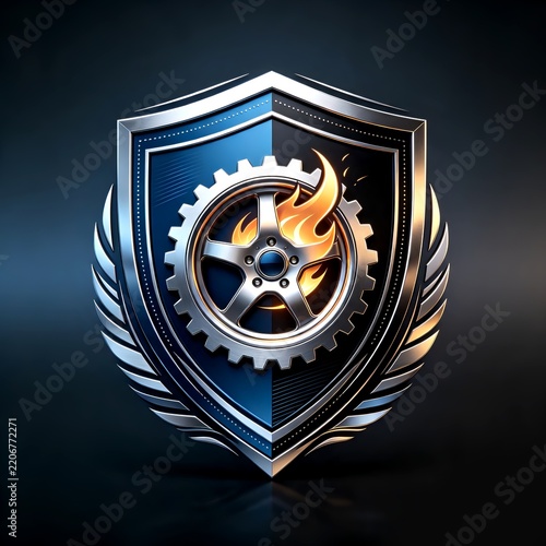 Metallic shield with gear and flames, symbolizing engineering power, mechanics, and innovation energy