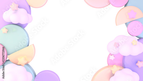 3D render of pastel clouds and stars decorative frame on a transparent background.