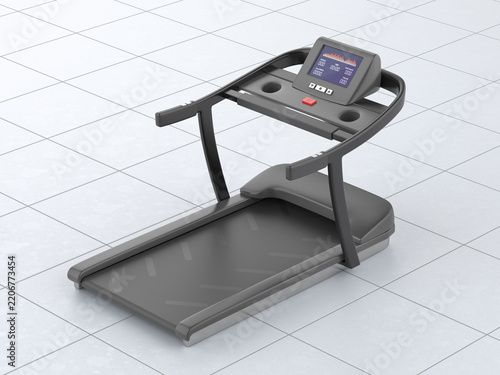 Modern treadmill on tiled floor