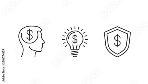 Simple business line icons showing a financial mind, money-making idea, and wealth protection on white.