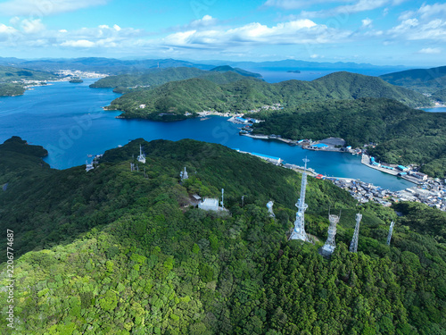 愛媛県愛南町　上空から見た中浦テレビ塔公園と愛南町の街