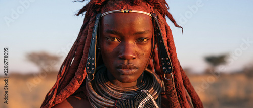 A captivating and authentic close-up portrait of a Himba woman from Namibia, adorned with traditional red ochre paste (otjize) on her skin and intricate dreadlocks, wearing cultural jewelry