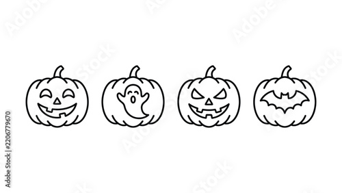 Four halloween pumpkin icons in outline style featuring a happy jack o lantern, a pumpkin with a ghost, a spooky pumpkin, and a pumpkin with a bat