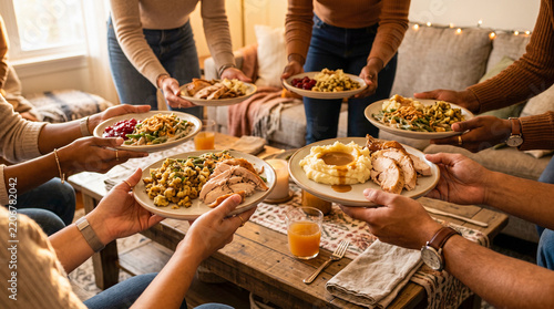 Family and friends gathered together celebrating thanksgiving and holding plates full of traditional dinner food.