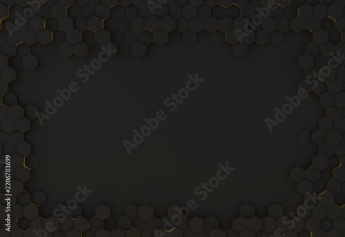 An abstract black background with three‑dimensional honeycombs and gold accents.