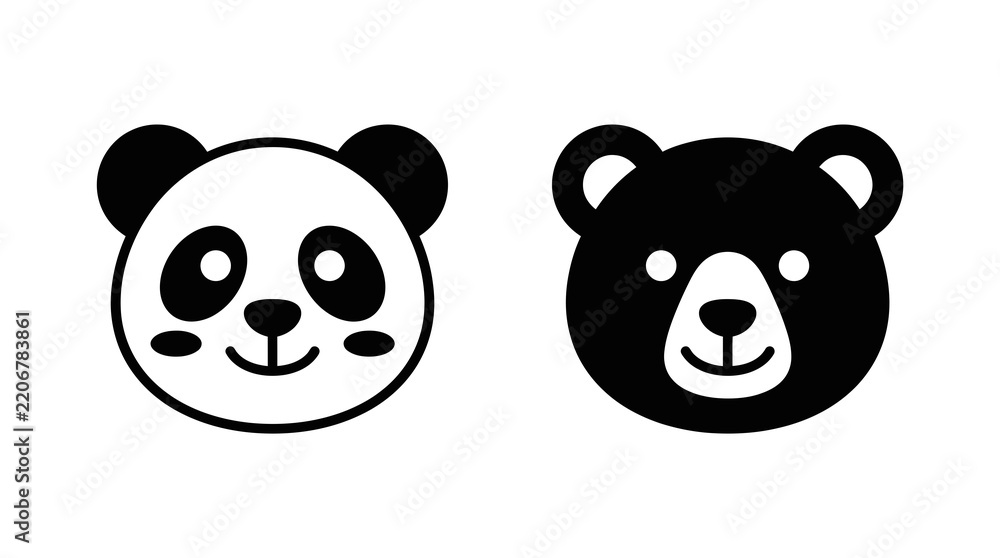 Fototapeta premium Cute panda bear and grizzly bear head icon set, simple black and white animal vector logos, minimalist wildlife mascot graphics for branding