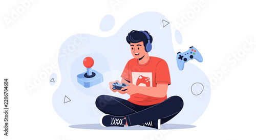 Young Man Playing Video Games with Headphones and Controllers, Enjoying Digital Entertainment and Esports